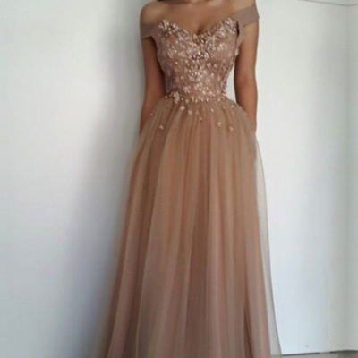 A-line sleeveless off-the-shoulder floor-length tulle prom dresses - Thumbnail 4