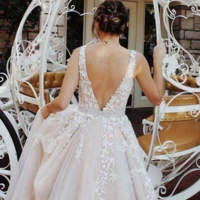 A-Line Open Back Ivory Sleeveless Lace Prom Dresses - Thumbnail 2