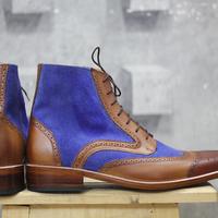 Handmade Wing tip Ankle Boots Mens Blue Brown Leather Boots - Thumbnail 2