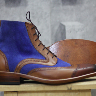 Handmade wing tip ankle boots mens blue brown leather boots - Thumbnail 3