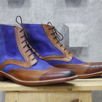 Handmade Wing tip Ankle Boots Mens Blue Brown Leather Boots - Thumbnail 1