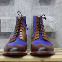 Handmade Wing tip Ankle Boots Mens Blue Brown Leather Boots - Thumbnail 3