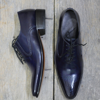Handmade Whole Cut oxford Navy Blue pointed Toe Shoes - Thumbnail 4