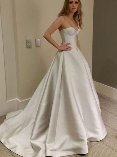 Simple Ball Gown Sweetheart Open Back Satin Wedding Dresses with Train