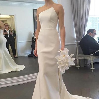  unique mermaid irregular neck open back ivory satin long wedding dresses - Thumbnail 4