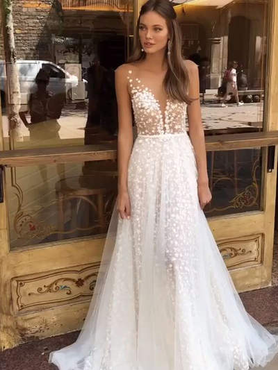 Sexy V-Neck Wedding dresses Lace A-Line Backless Bridal Gown Cheap