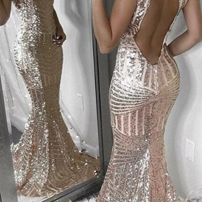 Elegant mermaid fashion sexy open back sequin prom dresses, party dress  - Thumbnail 5