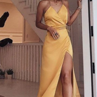 Spaghetti Straps Yellow Long Prom Dresses ,Sexy V Neck Prom Dress with Side Split  - Thumbnail 1