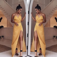 Spaghetti Straps Yellow Long Prom Dresses ,Sexy V Neck Prom Dress with Side Split  - Thumbnail 2