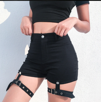  Harajuku Detachable Straps Black Shorts
