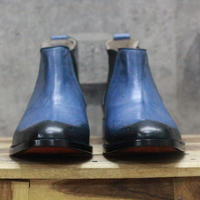 Handmade Men's Blue Brogue Half Ankle Chelsea Leather Boot - Thumbnail 1