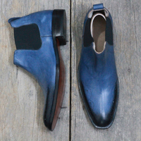 Handmade Men's Blue Brogue Half Ankle Chelsea Leather Boot - Thumbnail 2