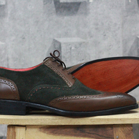 Men's Handmade Brown & Black Wing Tip Brogue Lace Up Leather Suede Shoes  - Thumbnail 1