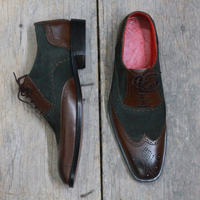 Men's Handmade Brown & Black Wing Tip Brogue Lace Up Leather Suede Shoes  - Thumbnail 2