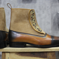 Men's Handmade Tone Brown & Beige Ankle Button Top Cap Toe Leather & Suede Boots - Thumbnail 1