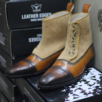 Men's handmade tone brown & beige ankle button top cap toe leather & suede boots - Thumbnail 3