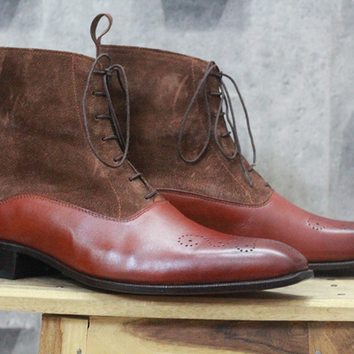 Men's handmade brown & burgundy ankle boots,lace up leather & suede boots - Thumbnail 3