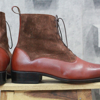 Men's Handmade Brown & Burgundy Ankle Boots,Lace Up Leather & Suede Boots - Thumbnail 1