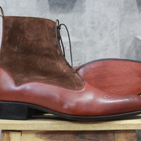 Men's Handmade Brown & Burgundy Ankle Boots,Lace Up Leather & Suede Boots - Thumbnail 2