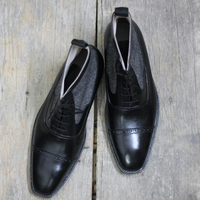 Handmade Ankle high Black Cap Toe Leather Lace Up Boots For Men's - Thumbnail 1