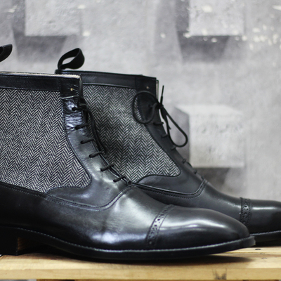 Handmade ankle high black cap toe leather lace up boots for men's - Thumbnail 4