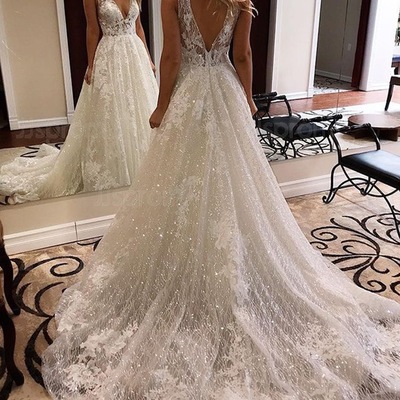 Sparkly v neck wedding dresses bridal gowns with appliques - Thumbnail 5