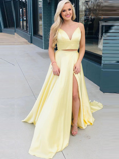 Chic Two Piece A-Line V Neck Spaghetti Straps Open Back Yellow Satin Long Prom Dresses,High Split Evening Party Dresses