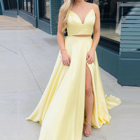 Chic Two Piece A-Line V Neck Spaghetti Straps Open Back Yellow Satin Long Prom Dresses,High Split Evening Party Dresses - Thumbnail 1