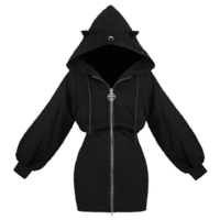Zip Up Gothic Casual Black Cat Crescent Moon Hoodie - Thumbnail 2