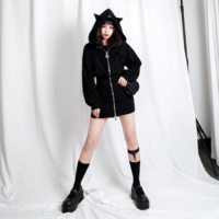 Zip Up Gothic Casual Black Cat Crescent Moon Hoodie - Thumbnail 1