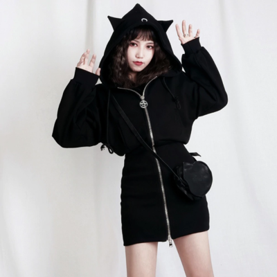 Zip up gothic casual black cat crescent moon hoodie