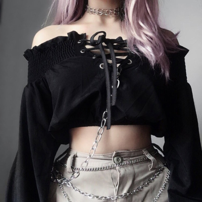 Lace up off shoulder sexy black top