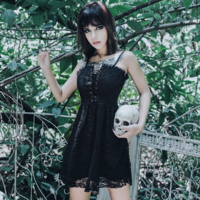 Spaghetti Strap Black Lace Gothic Dress - Thumbnail 2