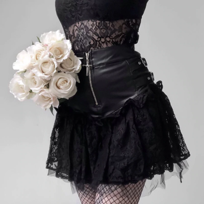 PU Patchwork Gothic Black Lace Skirt