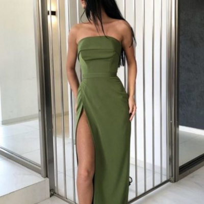 Sexy strapless green long prom dresses with high split , sheath evening dress - Thumbnail 4