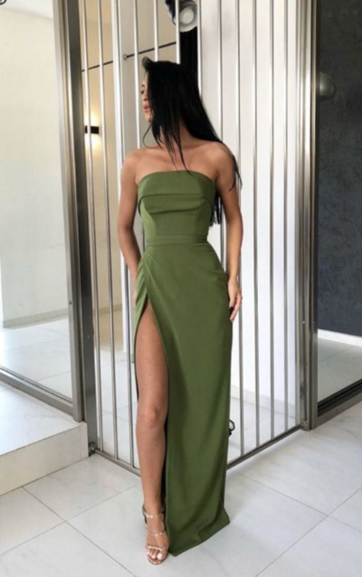 Sexy Strapless Green Long Prom Dresses With High Split , Sheath Evening Dress