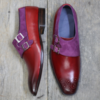 Men's Handmade Purple Burgundy Double Monk Strap Leather Suede Shoes  - Thumbnail 2