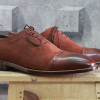 Men's Handmade Brown Cap Toe Brogue Lace Up Leather Suede Shoes  - Thumbnail 1