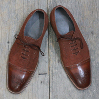 Men's Handmade Brown Cap Toe Brogue Lace Up Leather Suede Shoes  - Thumbnail 2
