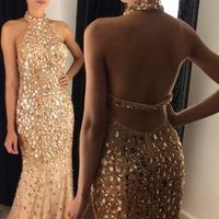 Elegant Mermaid Halter Backless Grey Gold Beading Long Prom Dresses,Evening Party Dresses - Thumbnail 1