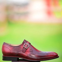 Men's Handmade Burgundy Brogue Monk Strap Leather Shoes  - Thumbnail 1