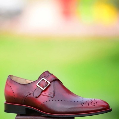 Men's handmade burgundy brogue monk strap leather shoes  - Thumbnail 3