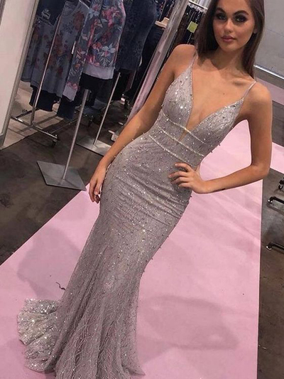 Glamorous Mermaid V Neck Spaghetti Straps Open Back Silver Sequins Long Prom Dresses,Evening Party Dresses