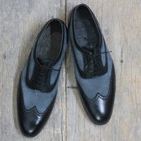 Men's Handmade Black & Gray Wing Tip Leather Suede Shoes - Thumbnail 1