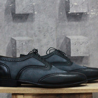 Men's Handmade Black & Gray Wing Tip Leather Suede Shoes - Thumbnail 2