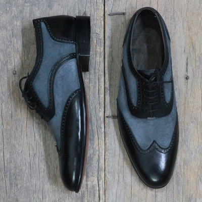 Men's handmade black & gray wing tip leather suede shoes - Thumbnail 2