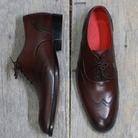 Men's Handmade Brown Wing Tip Leather Lace Up Shoes - Thumbnail 2