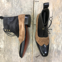 Handmade Black & Brown Wing Tip Ankle Leather Suede Lace Up Boot - Thumbnail 1