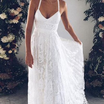 A-line white tulle sexy long prom dress, lace evening dress - Thumbnail 5