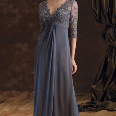 Half sleeve a line chiffon grey lace long mother of the bride dresses - Thumbnail 4